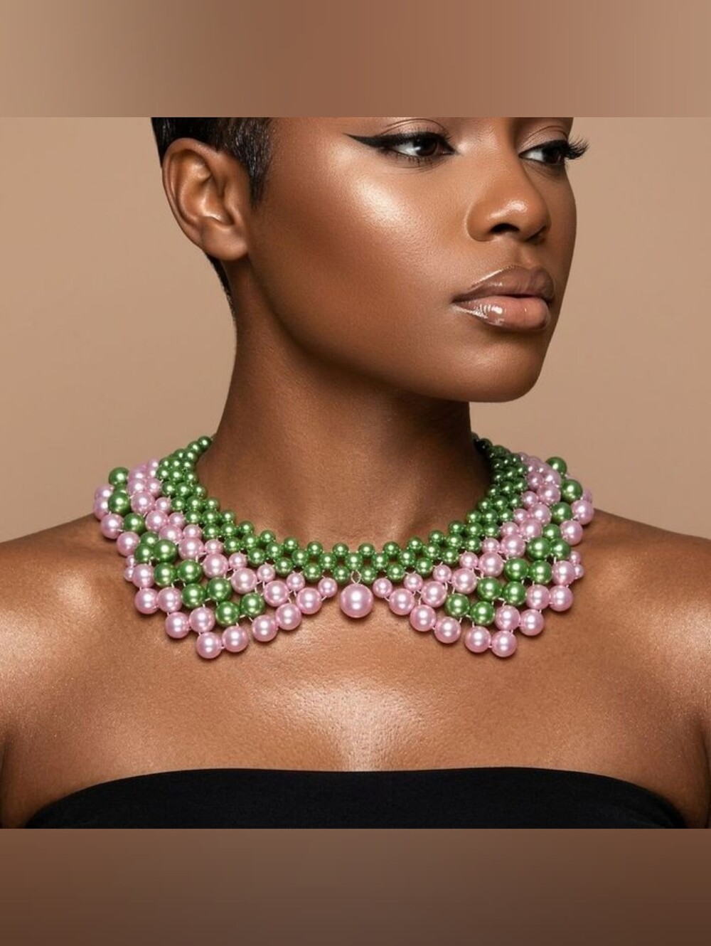 AKA Scalloped Pink Green Pearl Collar Necklace